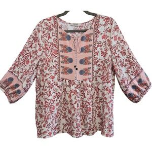 Vivilli Womens L Floral Boho‎ Peasant Blouse Pink Red 3/4 Sleeve Tassel Top